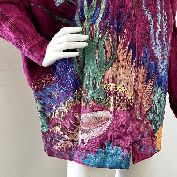 Womens Vintage Sundance S Dolman Denim Jean Hand Painted Sea Life Pink Jacket - Picture 3 of 7